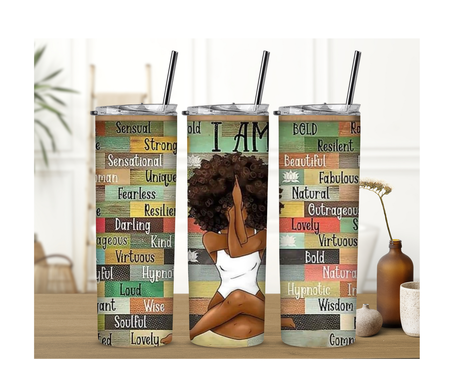 Black Woman Meditating Word Art Stainless Steel Tumbler - Irie Vybyz Tees & Thingz