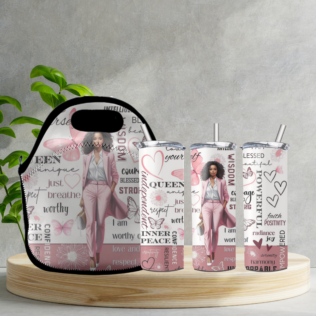 Radiant Sips for Black Women Collection -20oz Skinny Tumbler and Zippered Lunch Tote - Irie Vybyz Tees & Thingz