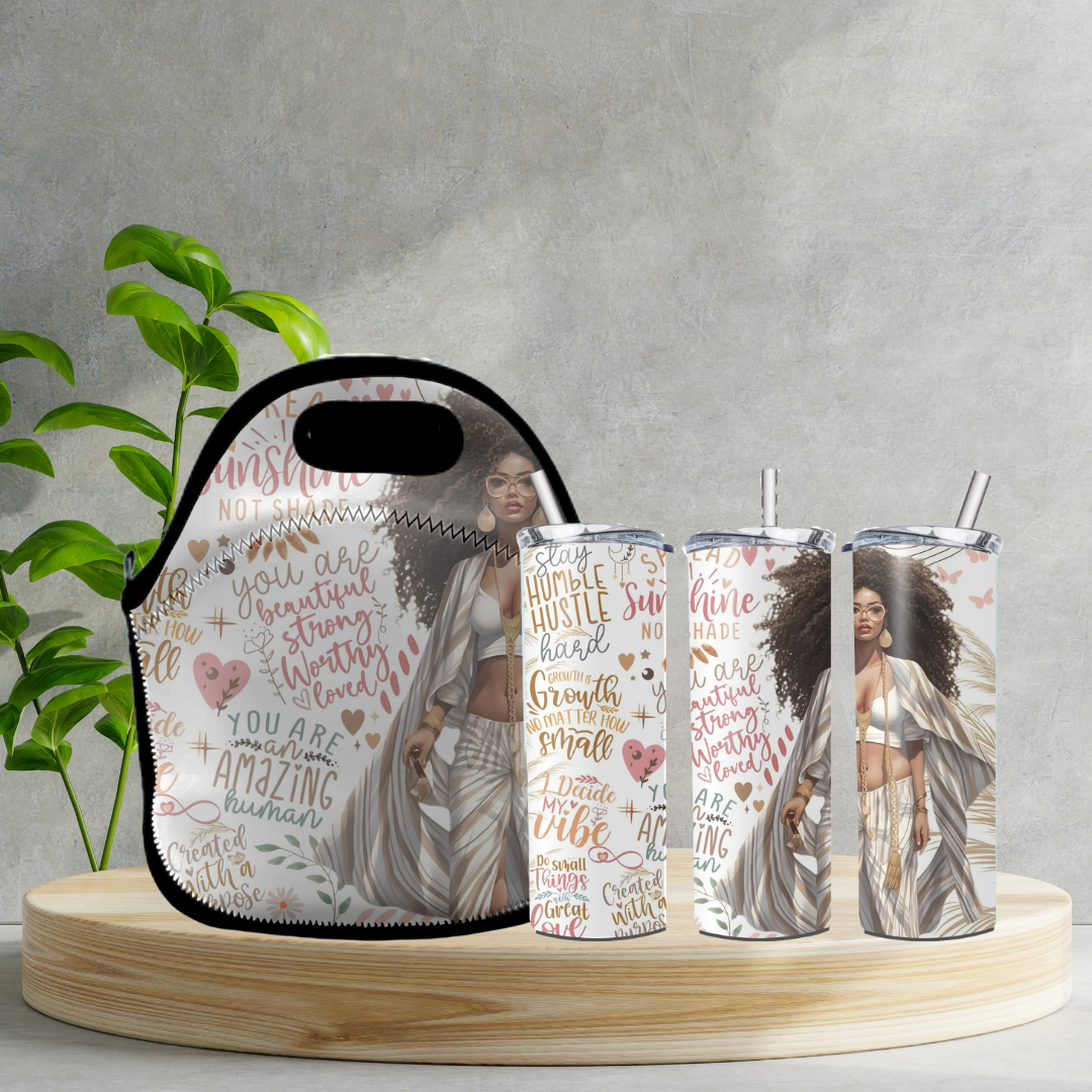Radiant Sips for Black Women Collection -20oz Skinny Tumbler and Zippered Lunch Tote - Irie Vybyz Tees & Thingz