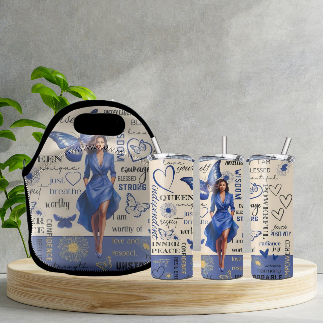 Radiant Sips for Black Women Collection -20oz Skinny Tumbler and Zippered Lunch Tote - Irie Vybyz Tees & Thingz