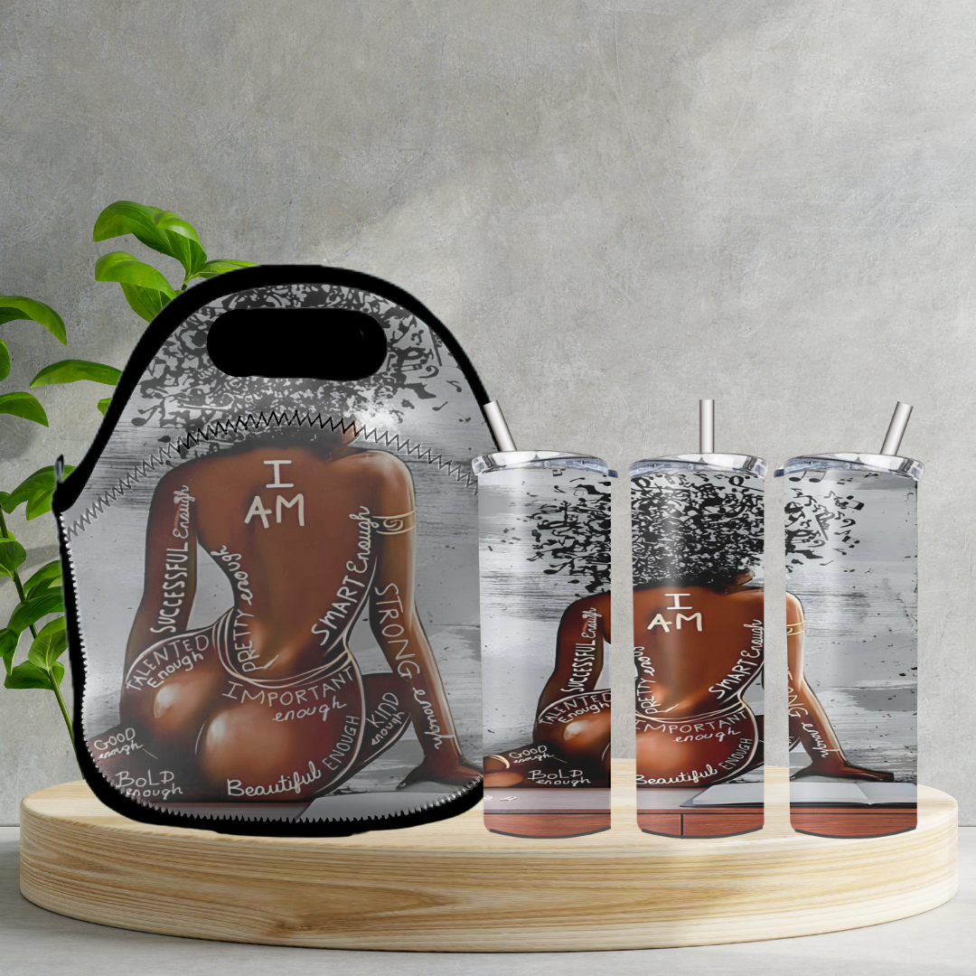 Radiant Sips for Black Women Collection -20oz Skinny Tumbler and Zippered Lunch Tote - Irie Vybyz Tees & Thingz
