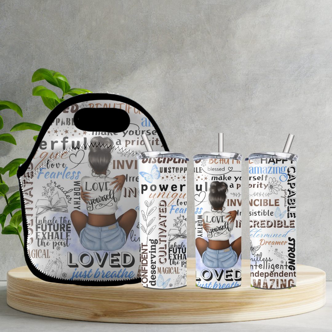 Radiant Sips for Black Women Collection -20oz Skinny Tumbler and Zippered Lunch Tote - Irie Vybyz Tees & Thingz