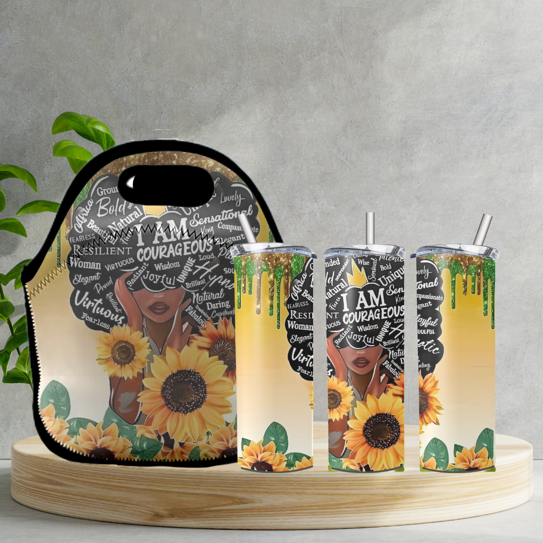 Radiant Sips for Black Women Collection -20oz Skinny Tumbler and Zippered Lunch Tote - Irie Vybyz Tees & Thingz