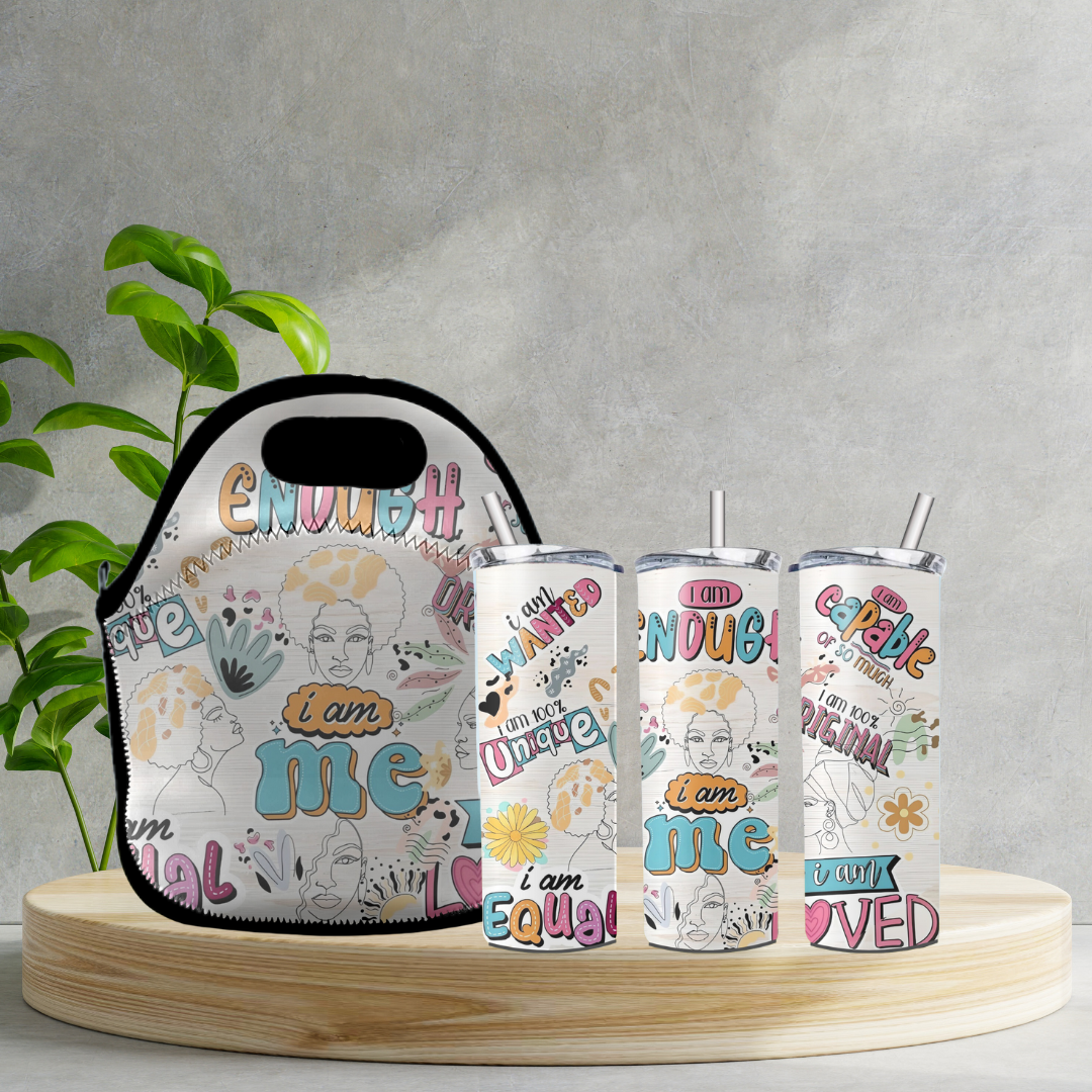 Radiant Sips for Black Women Collection -20oz Skinny Tumbler and Zippered Lunch Tote - Irie Vybyz Tees & Thingz
