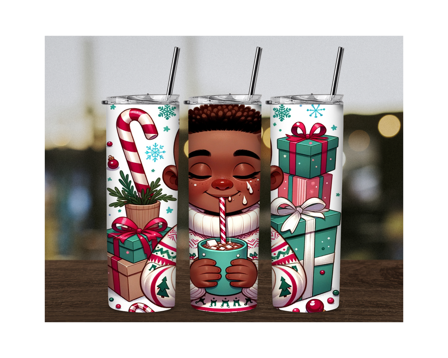 Black Boy Christmas Tumbler with Custom Name - Irie Vybyz Tees & Thingz