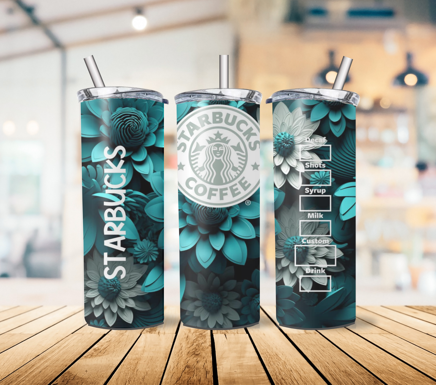 Floral Coffee Chain Inspired 20oz Stainless Steel Tumbler with lid and straw