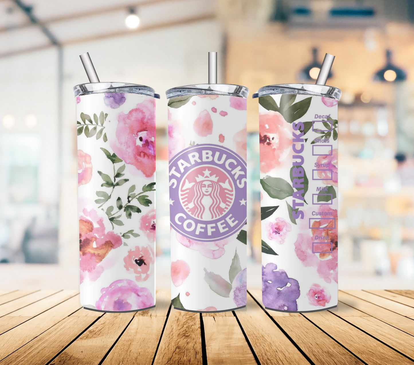 Floral Coffee Chain Inspired 20oz Stainless Steel Tumbler with lid and straw