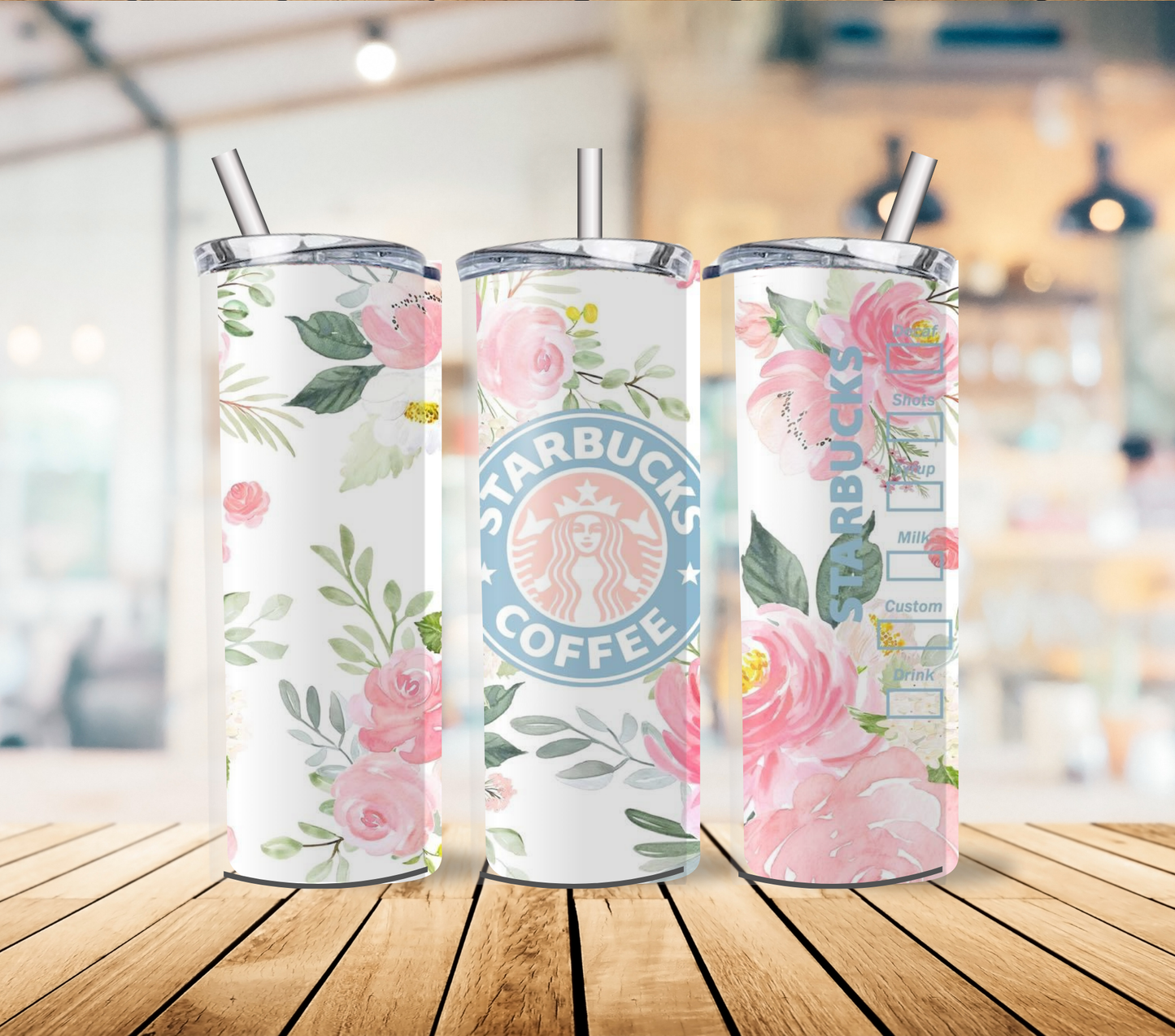 Floral Coffee Chain Inspired 20oz Stainless Steel Tumbler with lid and straw