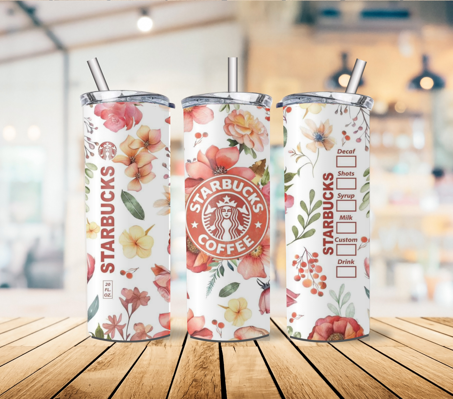 Floral Coffee Chain Inspired 20oz Stainless Steel Tumbler with lid and straw