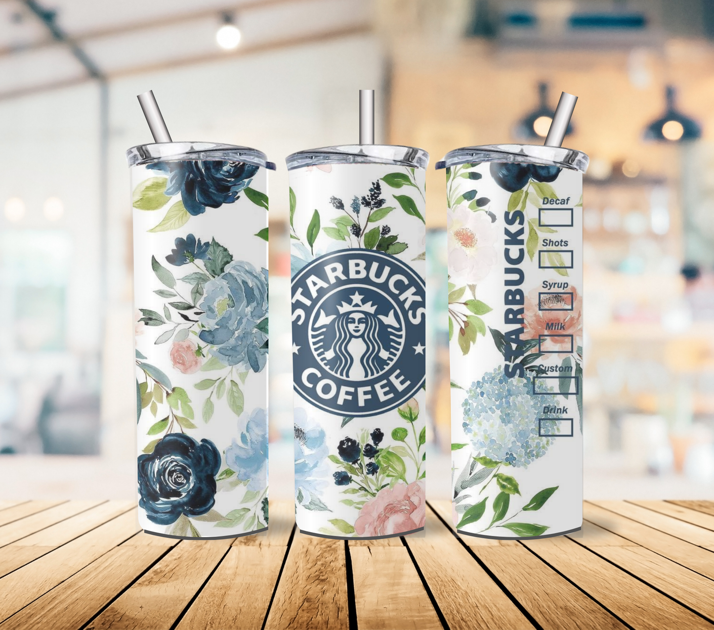 Floral Coffee Chain Inspired 20oz Stainless Steel Tumbler with lid and straw