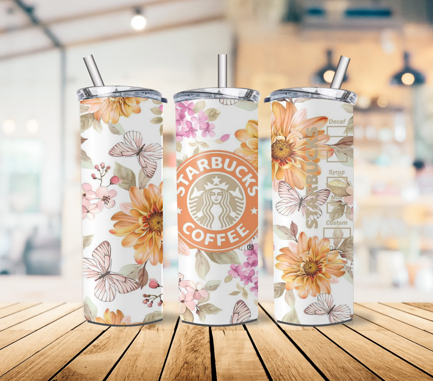 Floral Coffee Chain Inspired 20oz Stainless Steel Tumbler with lid and straw