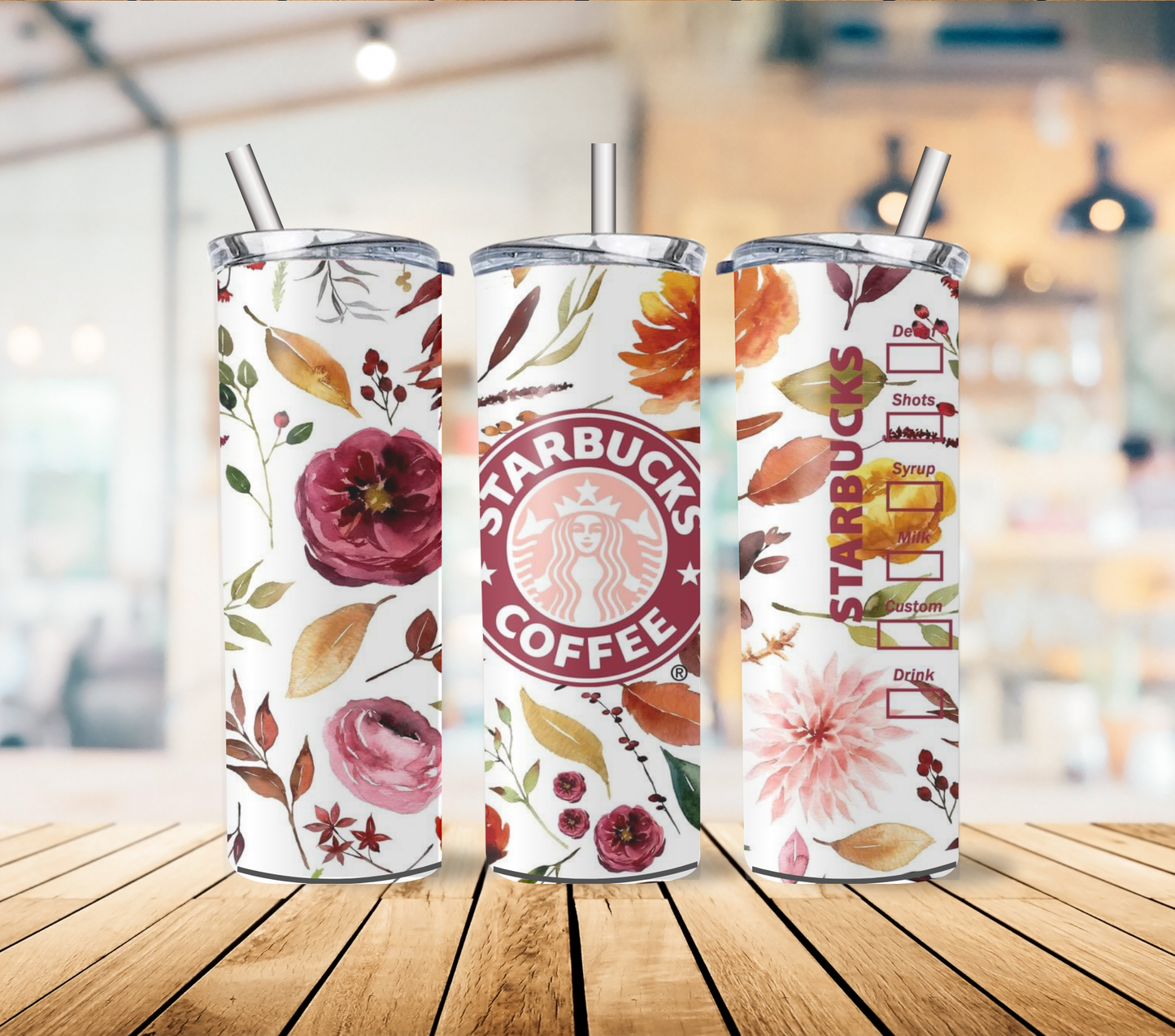 Floral Coffee Chain Inspired 20oz Stainless Steel Tumbler with lid and straw