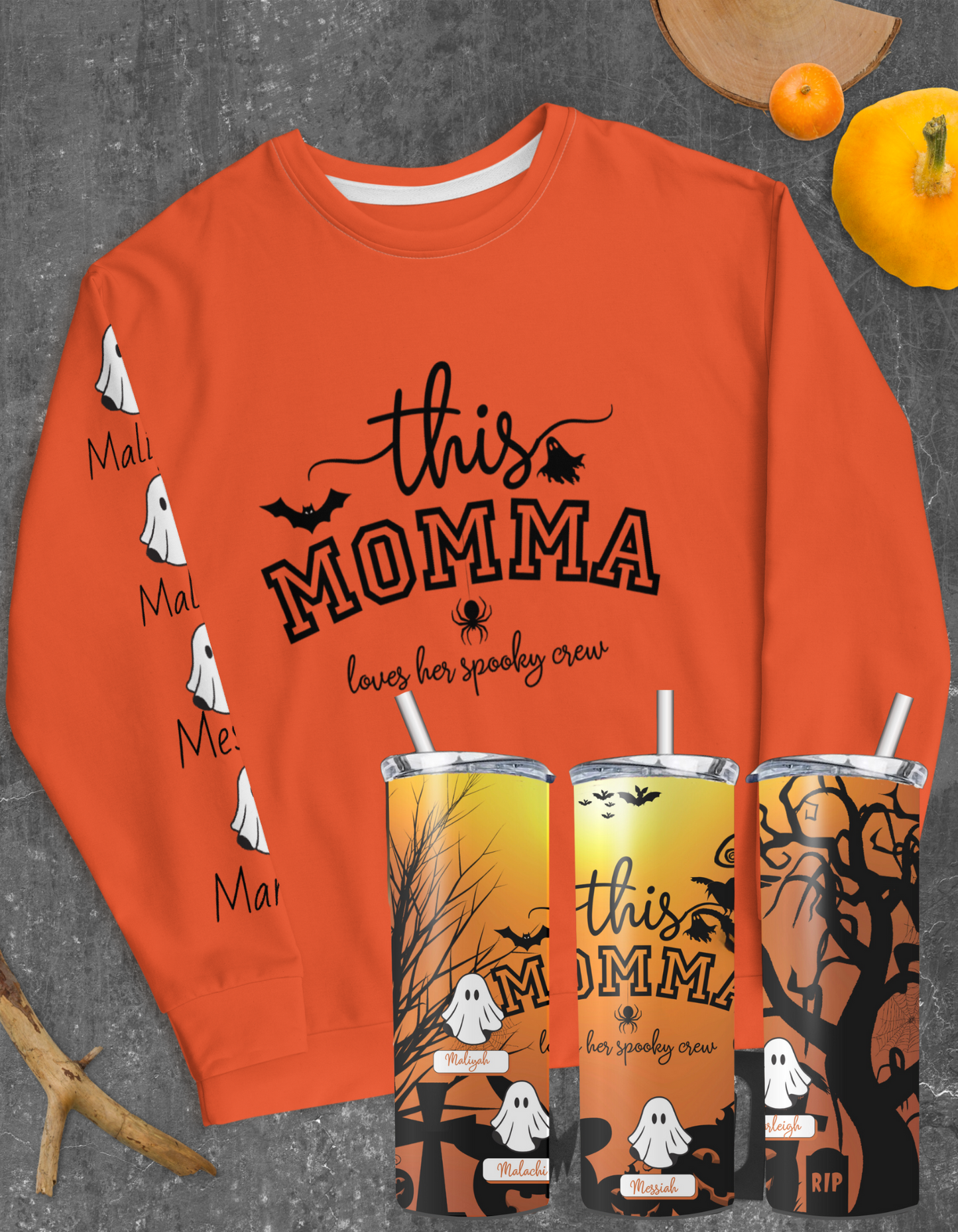 This Momma/Mom/Granny/Nana/Memaw loves her spooky crew Sweatshirt and Tumbler Set