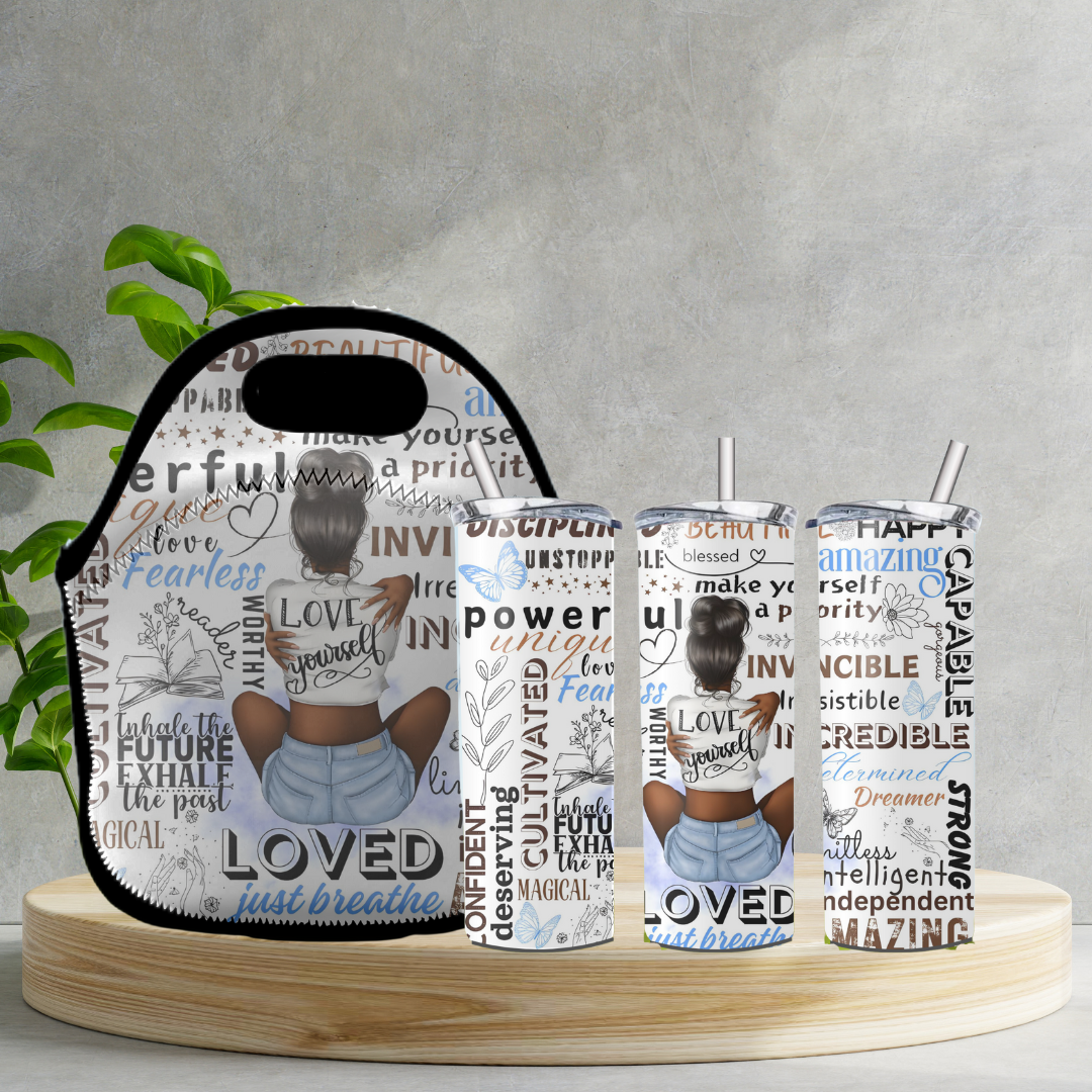 20oz Skinny Tumbler and Zippered Lunch Tote with Daily Affirmations