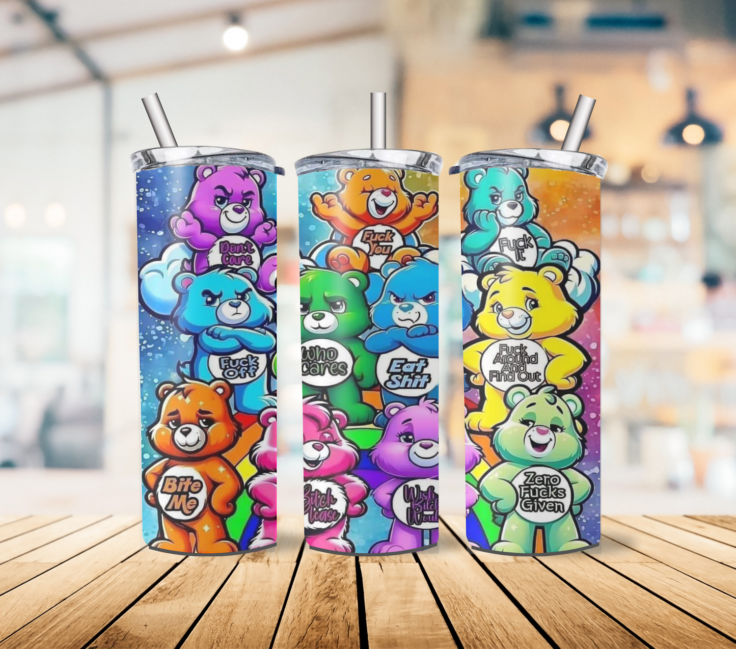 Swear and Care Bear 20oz Stainless Steel Tumbler with lid and straw