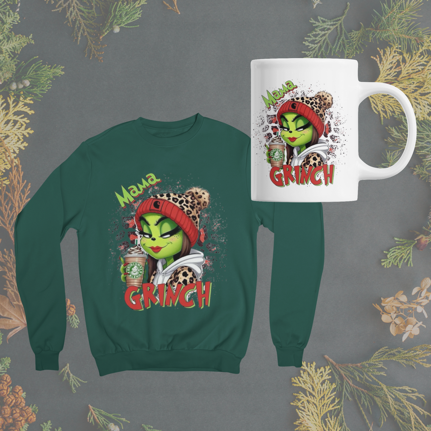 Mama and Daddy Grinch Sweatshirt and Coffe Mug Gift Set