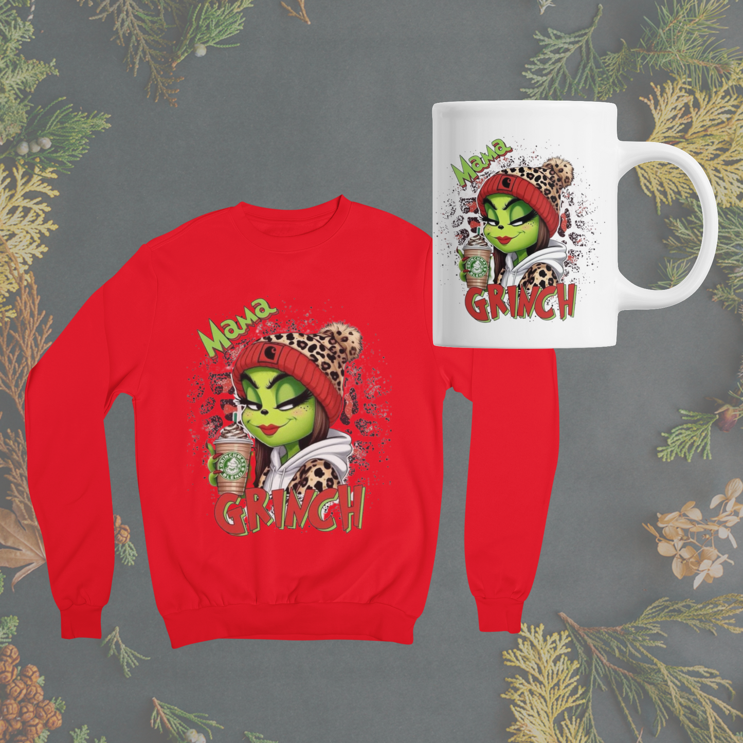 Mama and Daddy Grinch Sweatshirt and Coffe Mug Gift Set