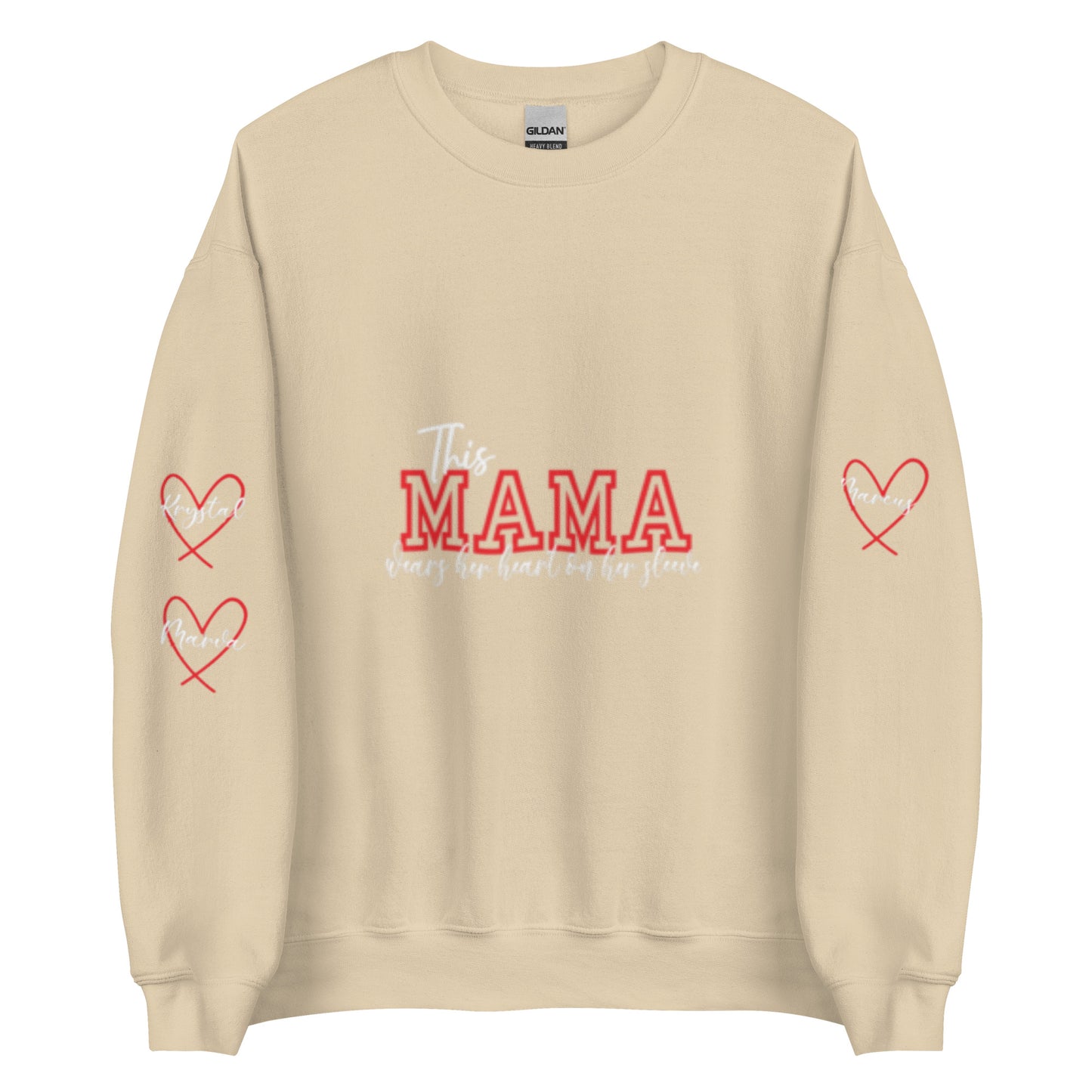 Personalized Heartfelt Sweatshirt – 'This Mama Wears Her Heart on Her Sleeve with Custom Names